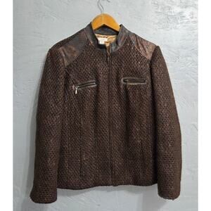 Chico's Woman's Size 3 (XL) Brown Metallic Tweed, Faux Leather Jacket
